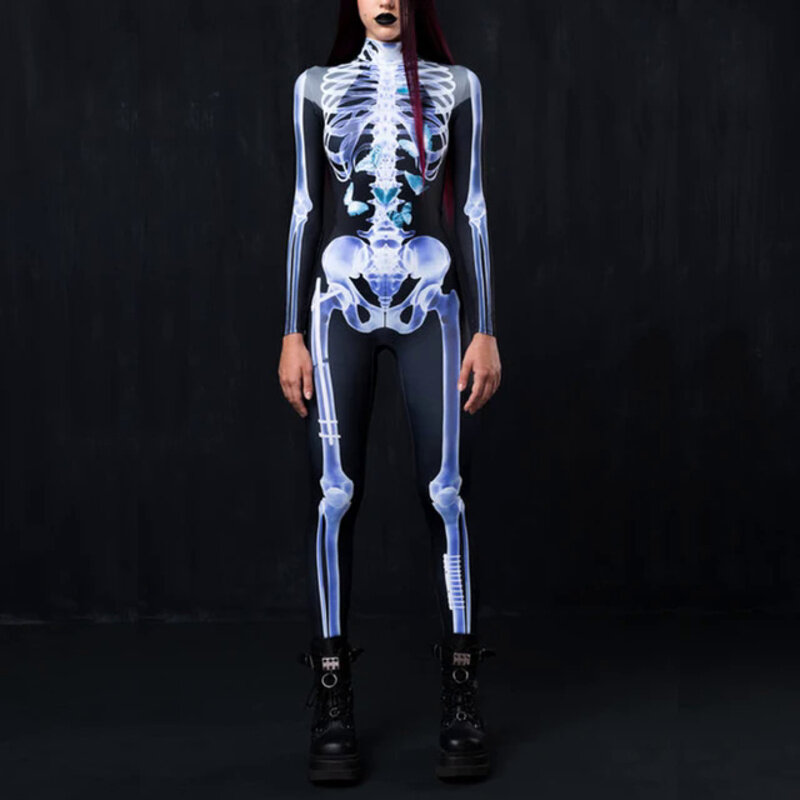 Vipfashion Mannen X-Ray Skelet Kostuum Halloween Party Suit Mannelijke Grappige Zentai Bodysuit Lange Mouw Rits Catsuit Kleding