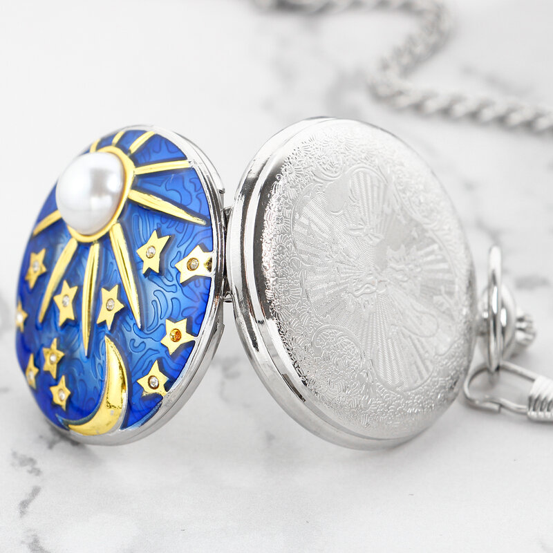 Reloj de bolsillo con patrón de estrella y Luna incrustada en oro, collar de cielo estrellado azul, cadena Fob Steampunk