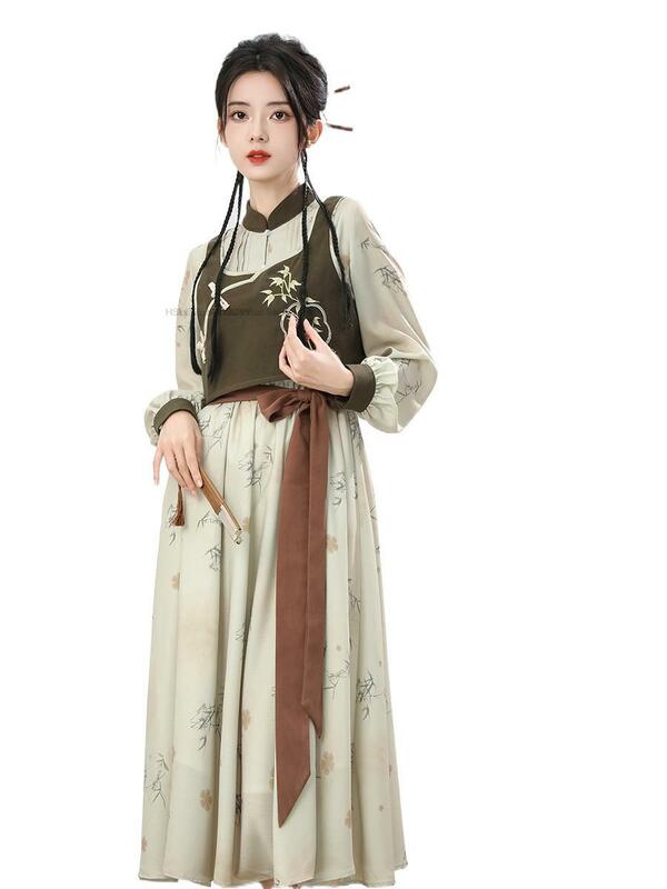 Pakaian tradisional Cina, musim semi baru Dinasti Hanfu wanita gaya Cina dimodifikasi gaya Kimono harian dua potong setelan Hanfu