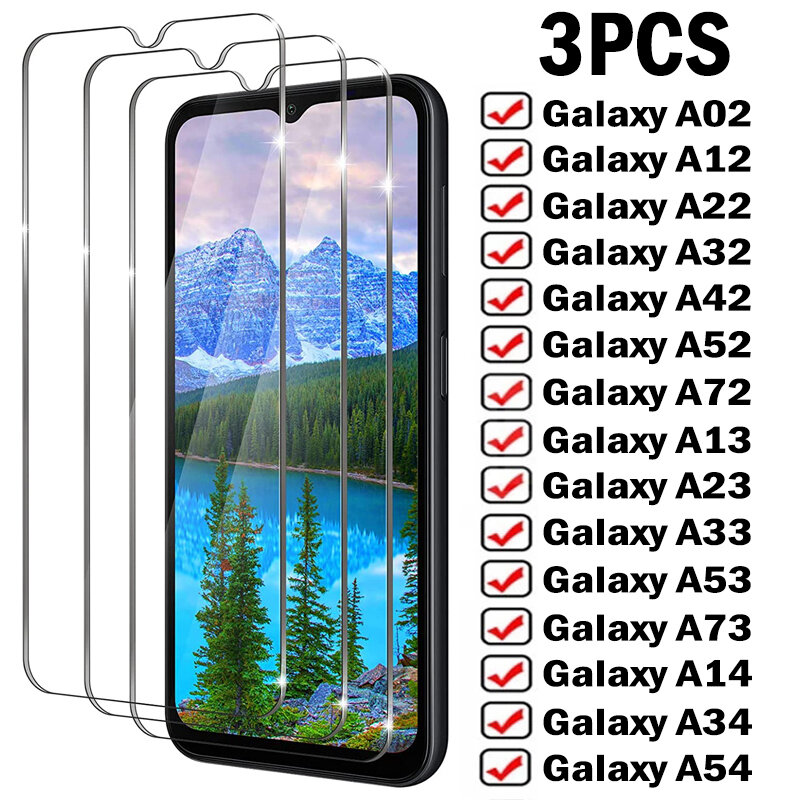 Protetores de tela cheia para Samsung, vidro moderado, galáxia A12, A22, A32, A52S, A13, A33, A53, A72, A73, A54, A14, A24, A34, 3 PCes