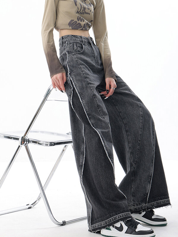 Bottoms de sino grunge denim feminino, calça jeans de cintura alta fina, comprimento total, moda moda vintage, estética dos anos 2000