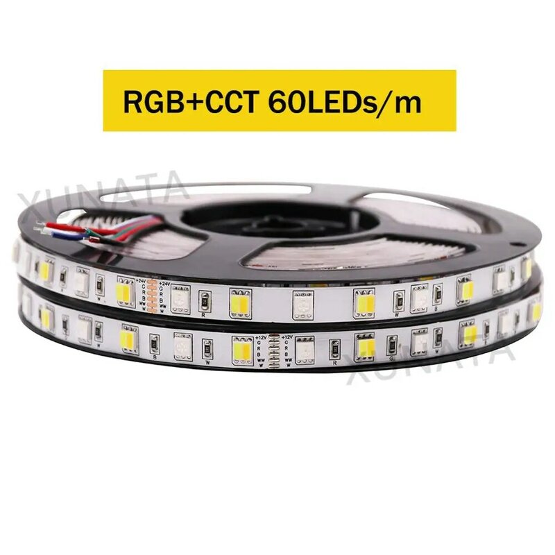 Tira de luces LED RGBCCT de 12V y 24V, 5M, 5050, 2835, SMD, cinta flexible, RGBW, RGBWW, 60, 90, 180, LED/m, impermeable, decoración de rayas