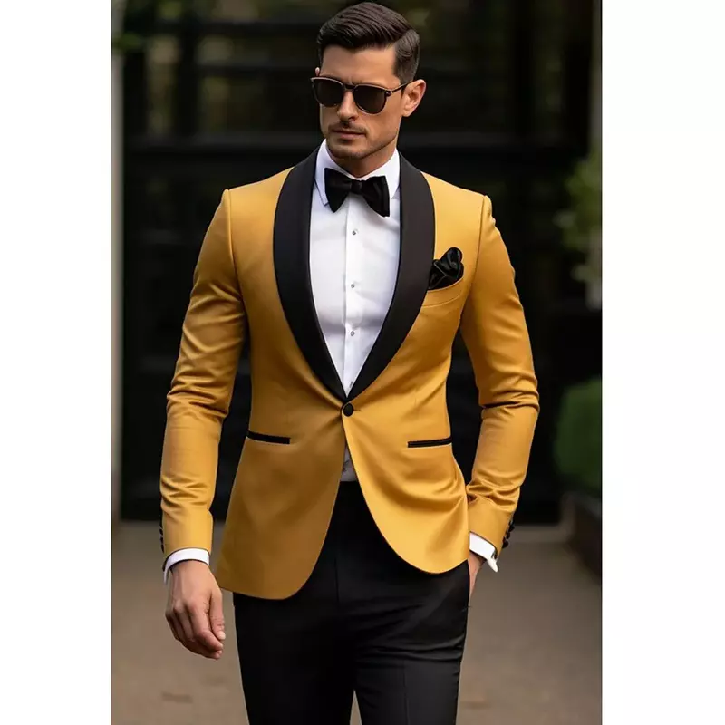 Trajes ajustados de un botón para hombre, solapa de chal negro, longitud Regular, trajes de boda de alta calidad, conjunto Formal de chaqueta y pantalones de 2 piezas