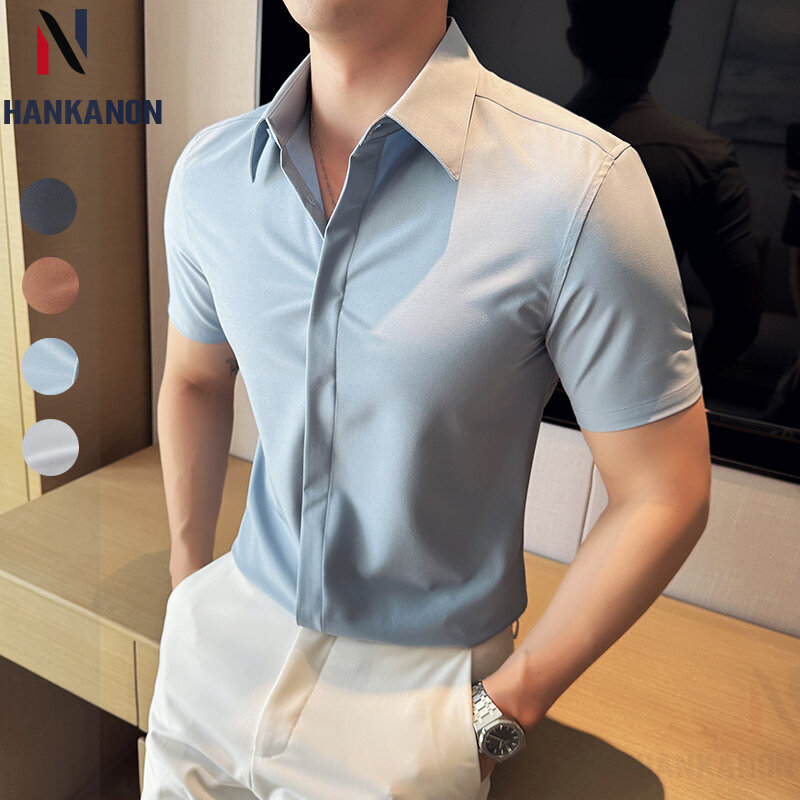 2024 camicia a maniche corte elasticizzata sottile estiva di alta qualità per uomo d'affari e abbigliamento Casual, abbottonatura nascosta M-4XL