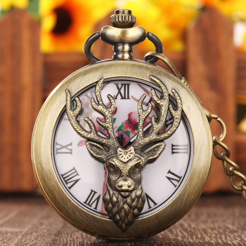 Retro Bronze Elk Cabeça Oca Capa Sika Deer Flowers Horns Dial Design Quartz Pocket Watch Colar Pingente Relógio Antigo