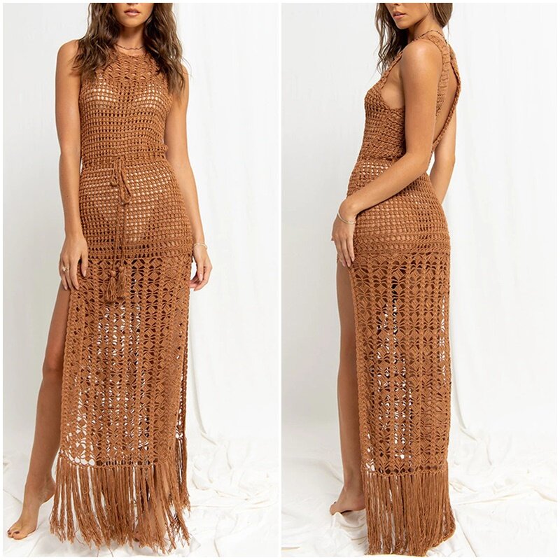 Sexy Hollow Out Knit Crochet Dress Long 2023 Cover-Ups Holiday Bikni Boho Beach  Wear