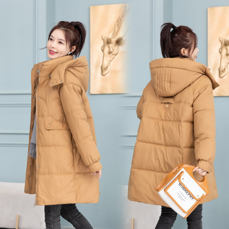 Mantel panjang katun wanita, pakaian hangat tebal kasual jaket parka bertudung bisa dilepas mode baru musim dingin 2024