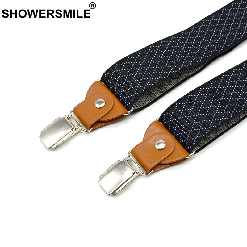 SHOWERSMILE Plaid Suspenders Men Business Y Back Braces Straps 3.5cm Wide Suspenders Clips 3 Mens Trouser Belt Black Suspender
