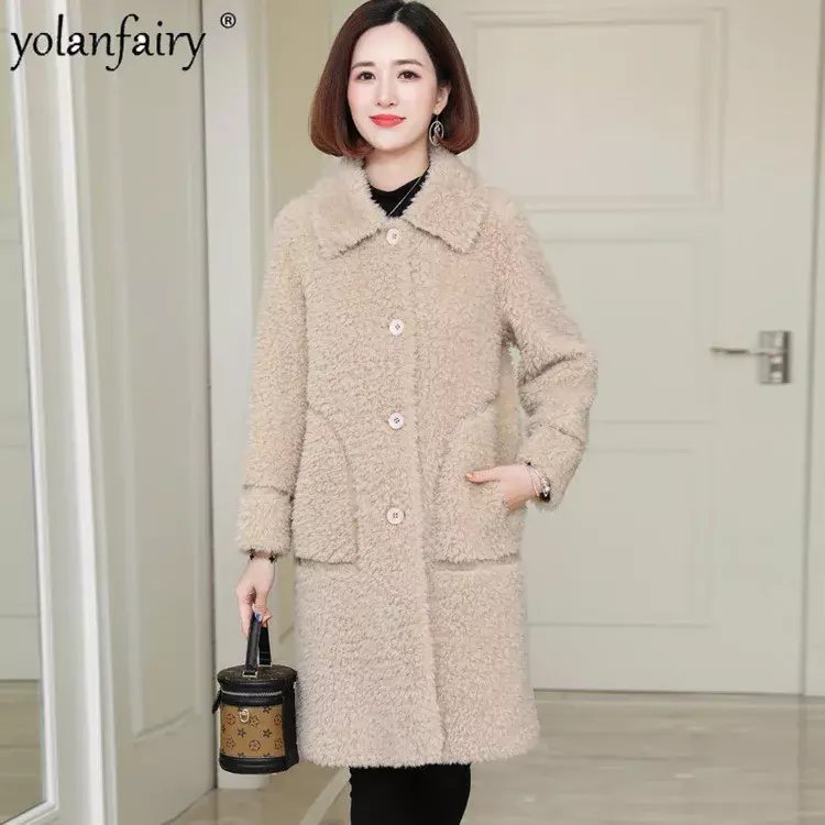 Casaco de pele composto longo para mulheres, casacos e jaquetas de lã de ovelha, casaco Midi longo, 10% lã, FCY5031