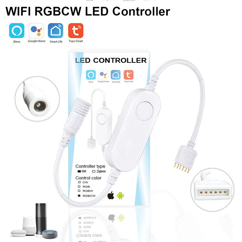 Tira de luces LED con Kit de alimentación para Alexa y Google Home, minicontrolador con Wifi, RGBCW, 1-5M, DC12V, 5050 RGB, CCT, 90LED/m
