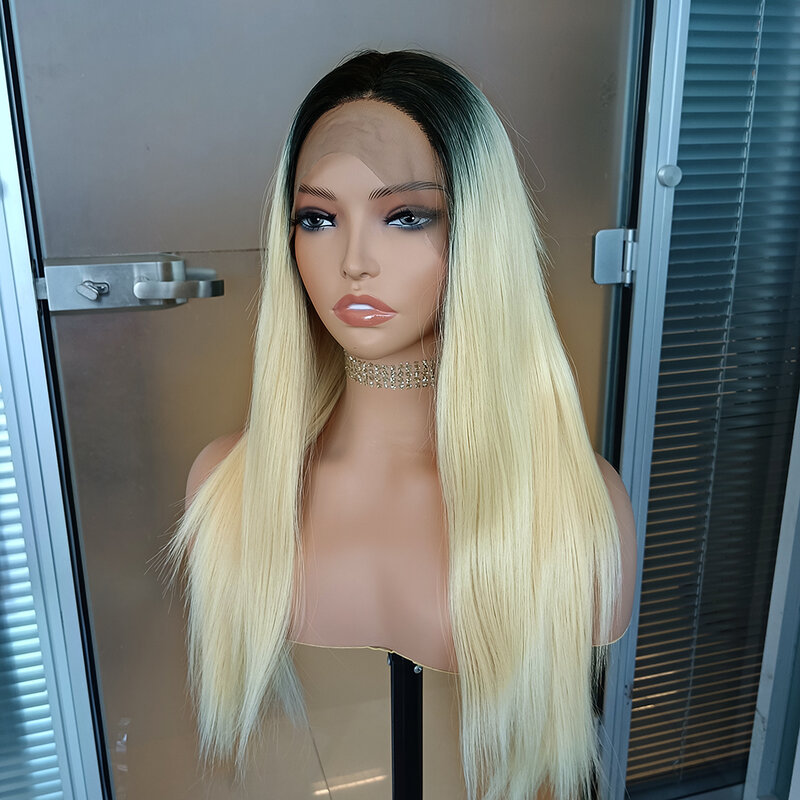 Diniwigs Ombre Blonde Synthetic Lace Front Wig Dark Roots Long Silky Straight Synthetic Wig Glueless Heat Fiber Hair Cosplay Wig