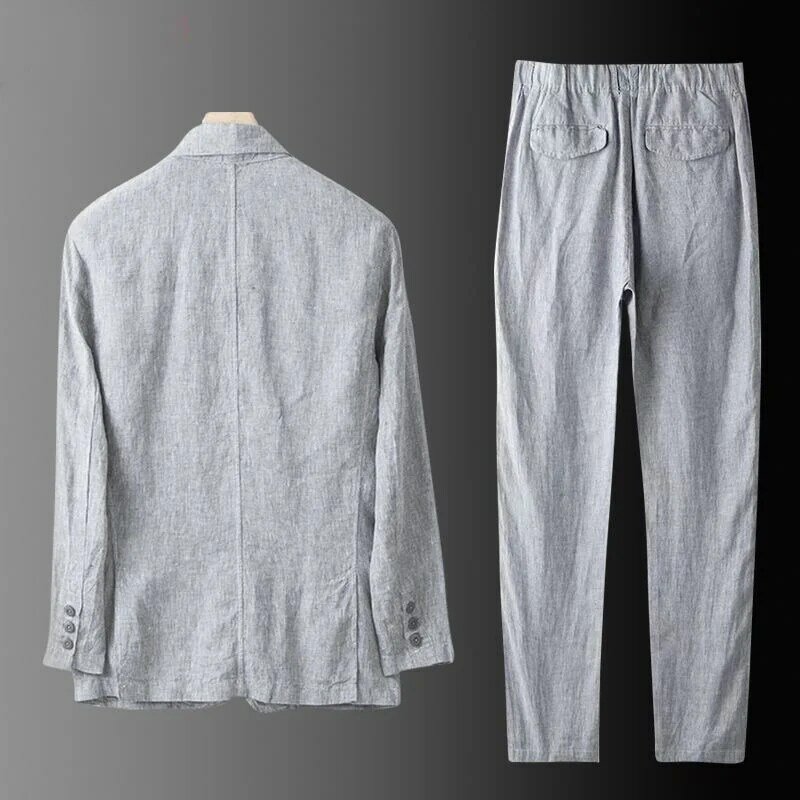 Chaqueta y pantalones de lino de alta calidad para hombre, traje de 2 piezas, estilo fino, conjunto informal de moda, manga larga, primavera y verano