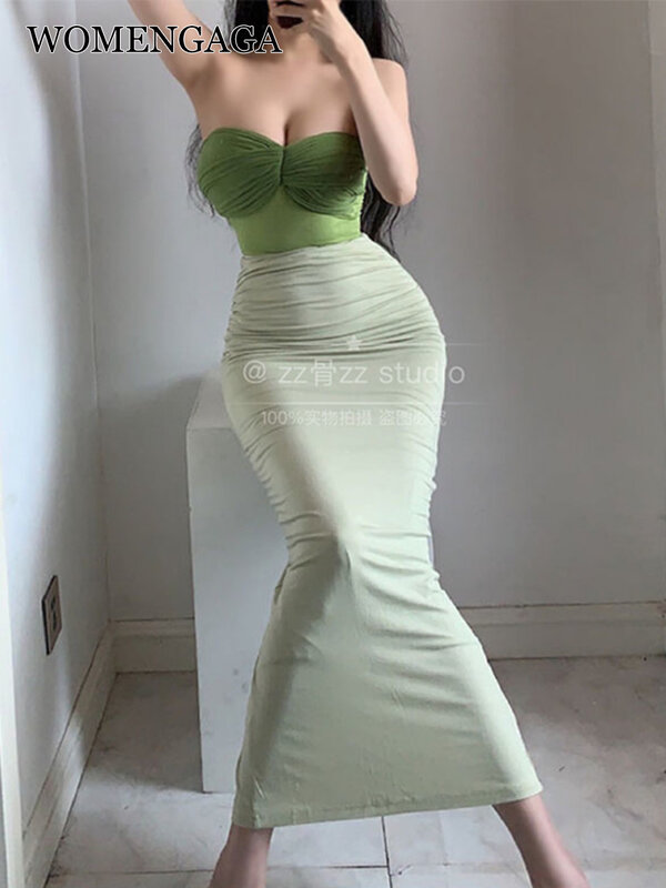 Милый женский летний зеленый комплект в Корейском стиле, плиссированный бюстгальтер, майка и Элегантная короткая юбка, привлекательная женская одежда L3G8