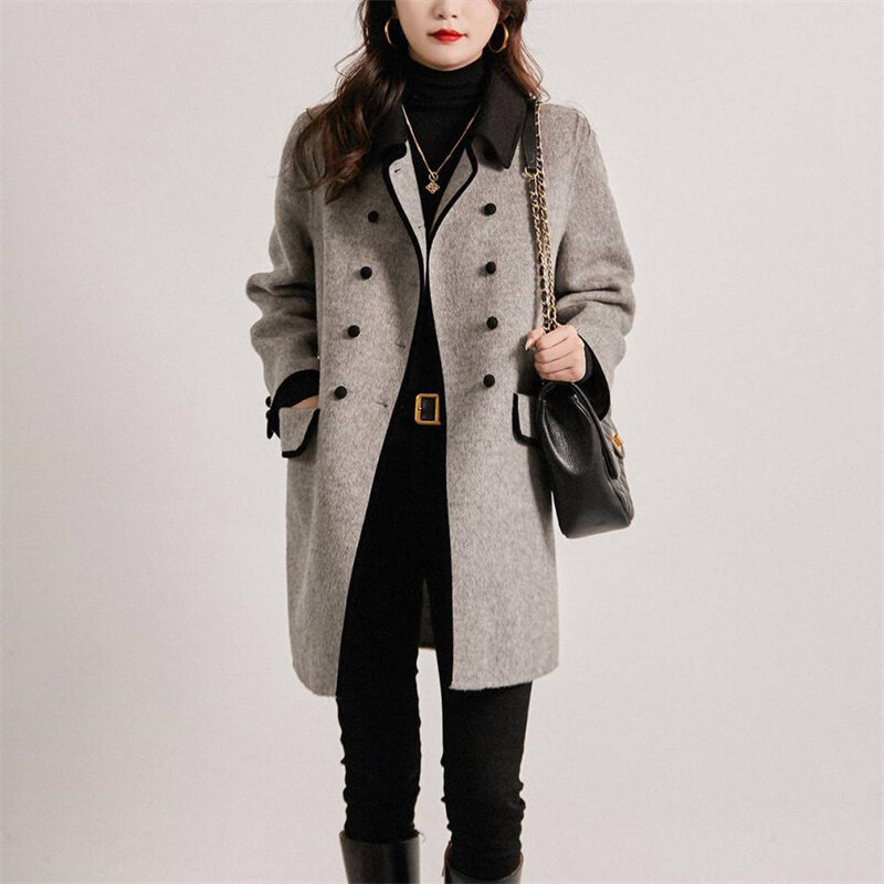 New High Quality Woolen Coat Female Autumn Winter Middle-aged Fashion Korean Slim Casual Contrast Color Wool Overcoat Women