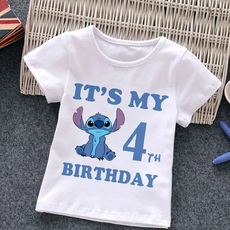 T-Shirt ulang tahun anak-anak Stitch baru pakaian musim panas 123456789 kaus oblong anak laki-laki perempuan kartun Anime lucu atasan kasual