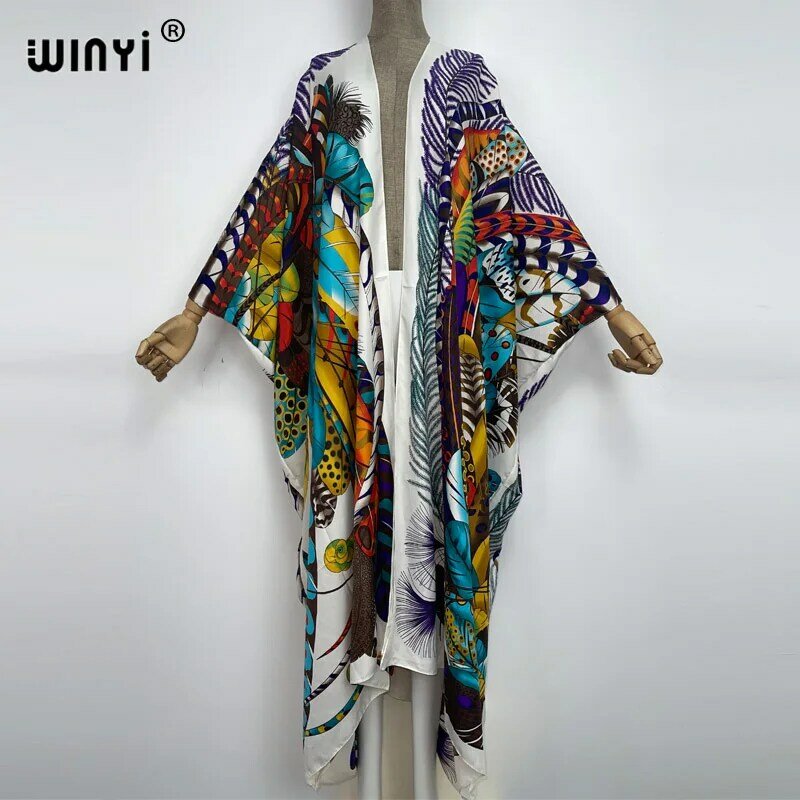 WINYI-cárdigan bohemio para mujer, ropa de playa con estampado Retro, Kimono elegante y sedoso para vacaciones, novedad de 2022