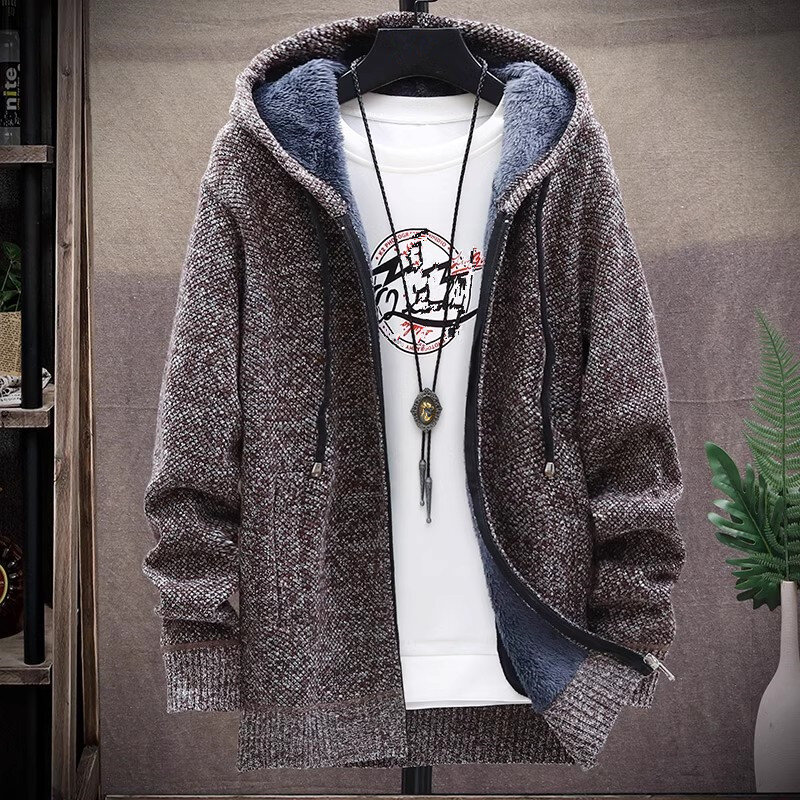 Men‘s Hooded Cardigan Knitted Sweater Winter Thick Fleece Warm Casual Knitwear Coat Solid Color Cardigan Men Hooded Sweaters