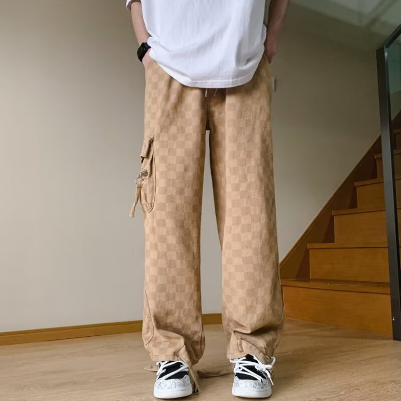 Spodnie cargo męskie w kratę w stylu streetwear przytulne, szykowne na co dzień w college'u, sznurowane, uniwersalne spodnie styl japoński harajuku