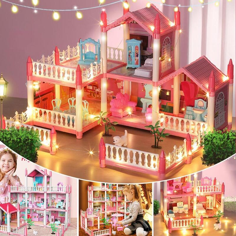 Mini casa de muñecas con muebles para niñas, juguetes para niñas, múltiples habitaciones, versión reducida, castillo Interior
