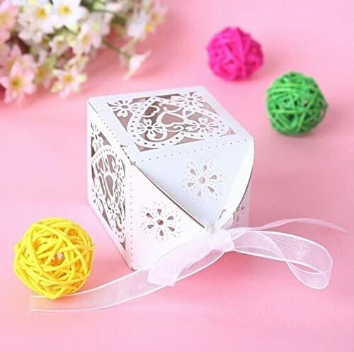 50 pacote de flor branca coração corte a laser favor caixa de doces bomboniere com fitas chuveiro nupcial weddng festa favores