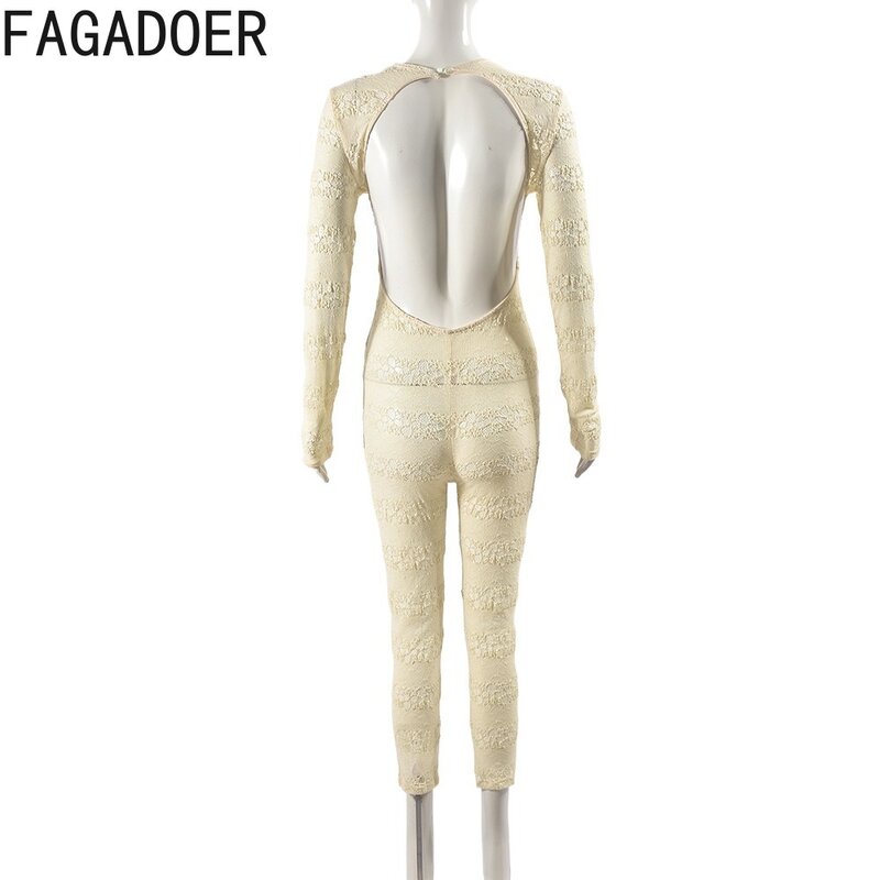 FAGADOER-Combinaison en dentelle dos nu pour femme, col rond, manches longues, sexy, couleur unie, 2024