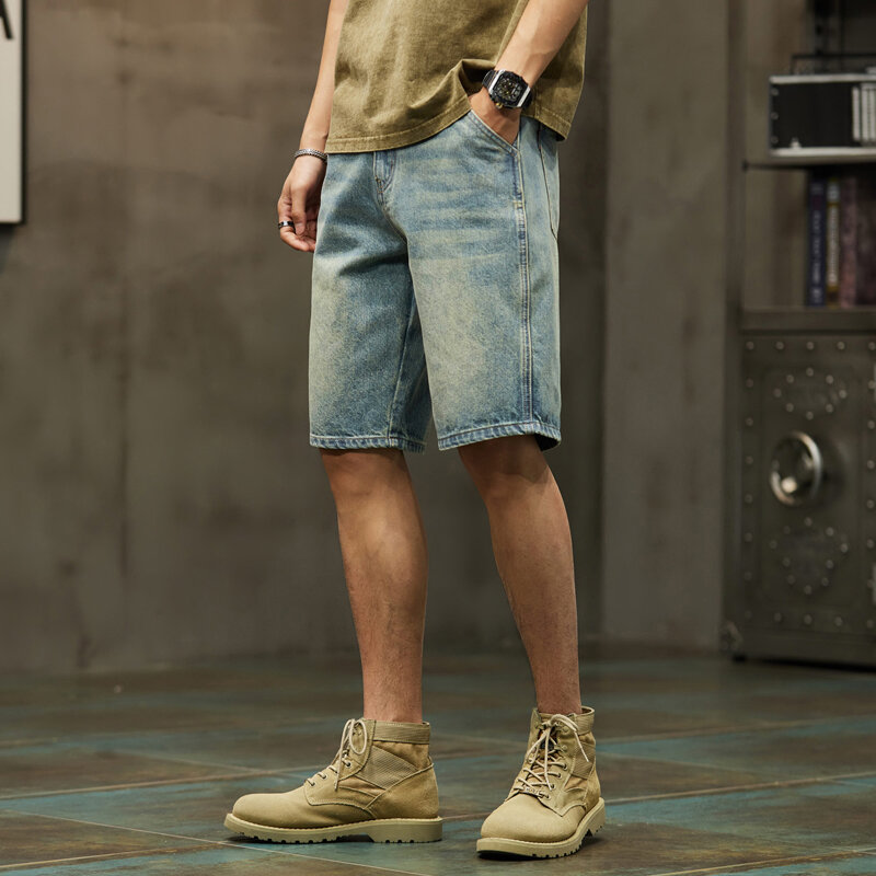 Męskie szorty dżinsowe 2024 letnie spodenki jeansowe niebieskie w stylu Retro prosty krój duży rozmiar oversize męskie spodenki Vintage spodnie do kolan