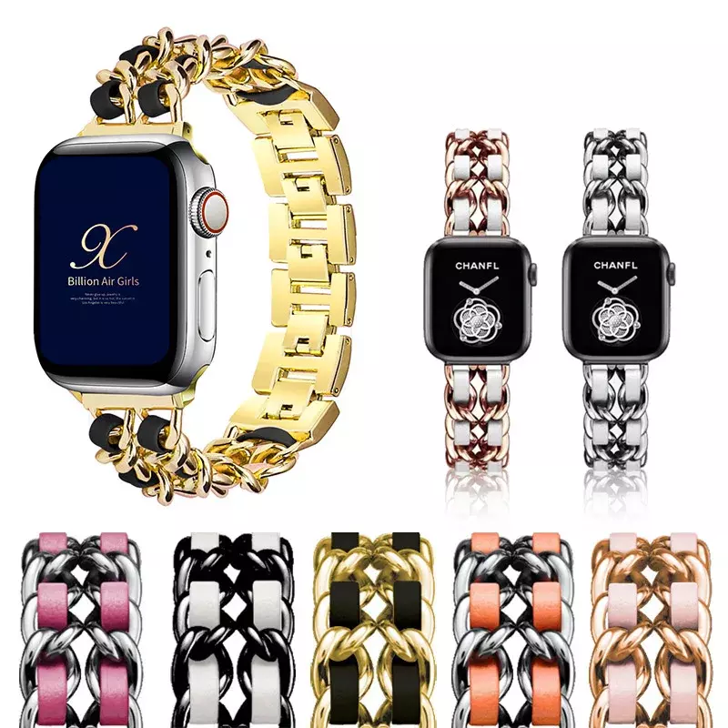 Metall Edelstahl Denim Kette Armband für Apple Watch 4 5 6 7 8 se Ultra Braid Leder Uhren armband