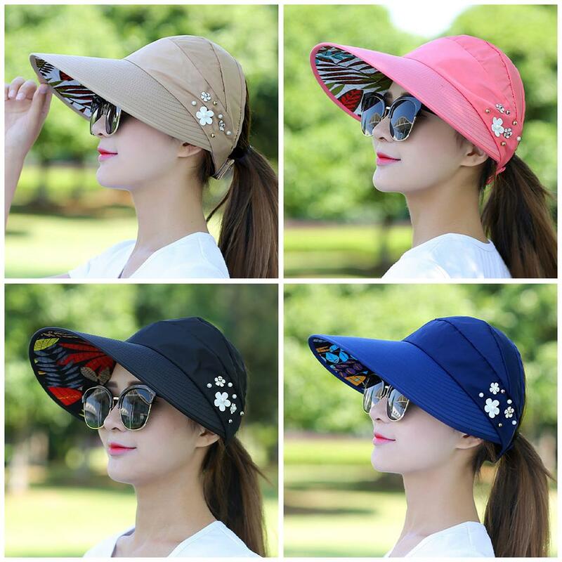 Summer Casual Wide Brim Hat Foldable Sun Hat Pearl Flower Visor Outdoor Casual Baseball Cap