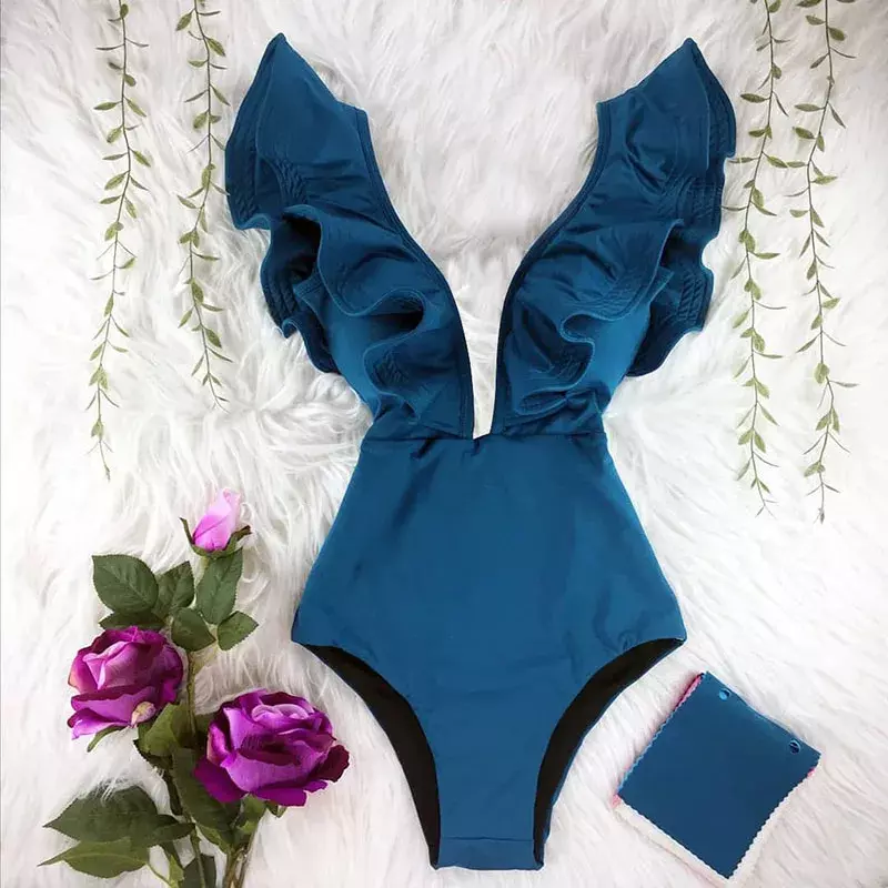 Costumi da bagno donna Ruffle costume intero Sexy scollo a v profondo Monokini 2024 New Print Flowers Push Up body Beachwear femminile