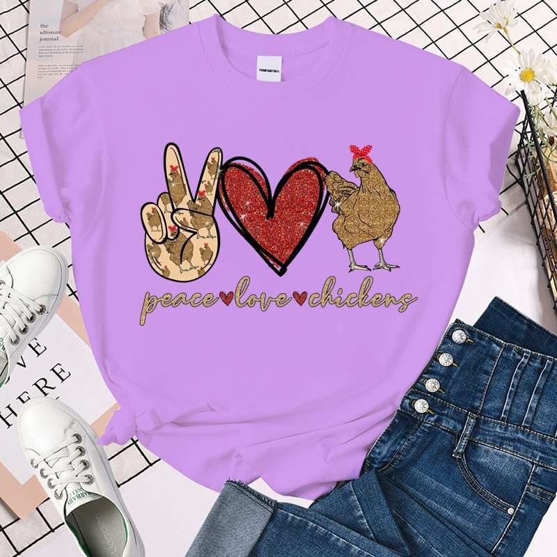 Süße Frieden Liebe Hühner gedruckt T-Shirts Frauen Kurzarm lustige Rundhals-T-Shirt lässige Sommer Tops