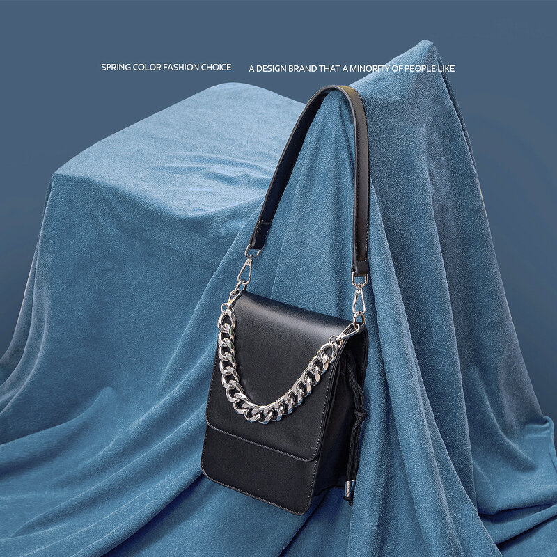 헤비 메탈 체인 겨드랑이 휴대용 크로스 바디 작은 사각형 가방, 간단한 드로 스트링 사각형 상자 휴대폰 가방 여성용 가방