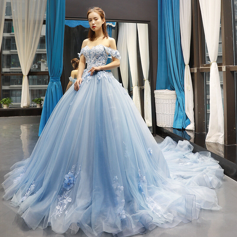 Vestido de baile de princesa do ombro, vestidos Quinceanera azuis, apliques de renda, trem pequeno, tamanho personalizado, novo clássico