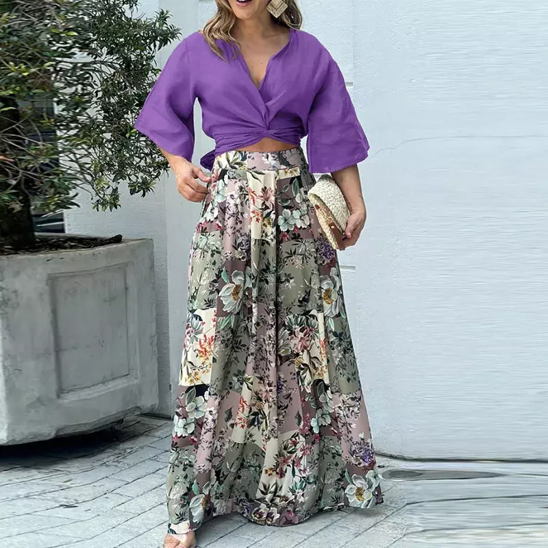 Elegante stampa floreale abiti a due pezzi Sexy Lady Twist Knot cintura top camicia e pantaloni a pieghe set 2023 donne mezza manica vestito allentato