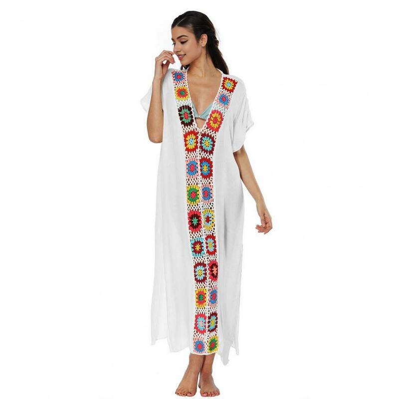 Vestido de flores de ganchillo de secado rápido para mujer, elegante vestido de cubierta para playa, piscina, cuello en V, traje de baño con lateral