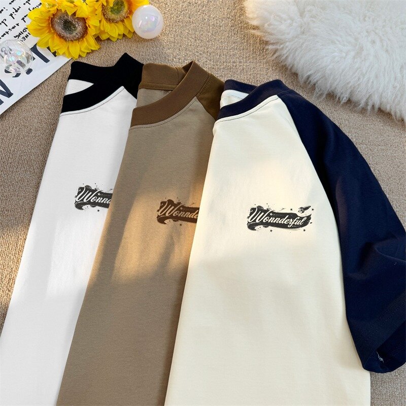 Camiseta masculina de manga curta raglan, roupa solta de algodão, versátil, alta qualidade