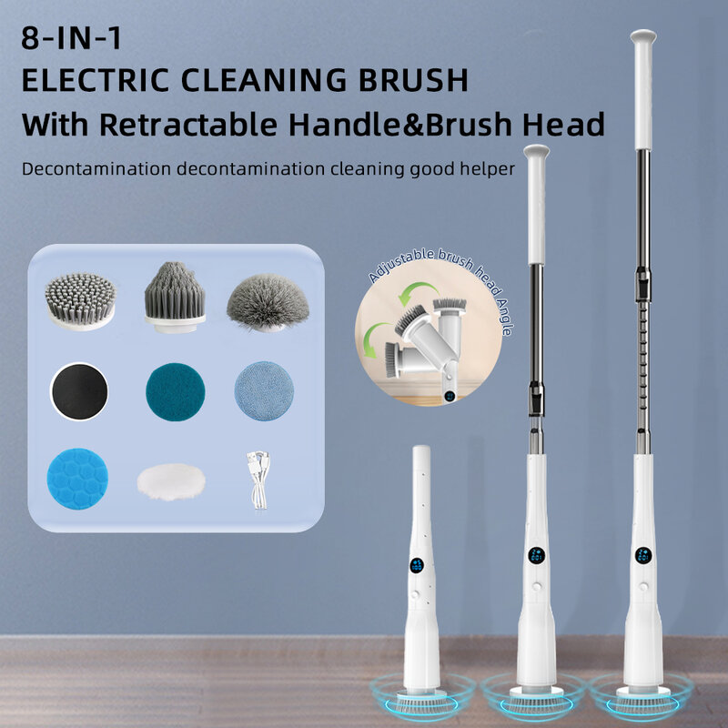 Escova de limpeza elétrica multifuncional, poste longo, cabeça de escova destacável 8 em 1 com comprimento ajustável do poste, rotativa