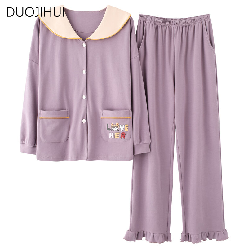 DUOJIHUI-Pijama informal de dos piezas para mujer, cárdigan Simple y elegante, pantalón suelto básico, ropa de dormir dulce, color púrpura