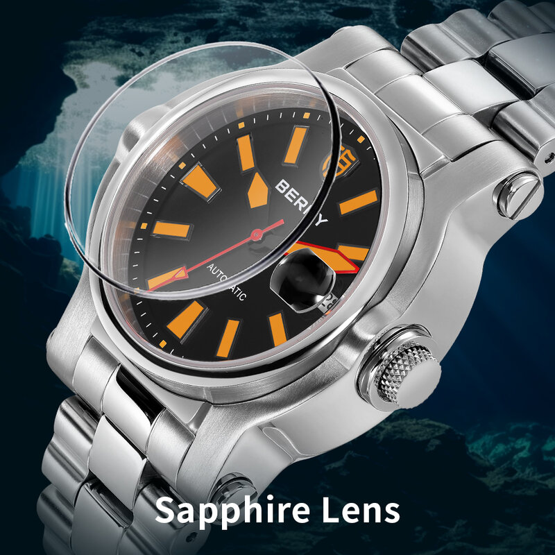 BERNY-Relógio de pulso automático impermeável do mergulho dos homens, Sapphire luminoso, aço inoxidável, relógio do esporte, relógio mecânico do esporte, 10ATM, Seiko NH35