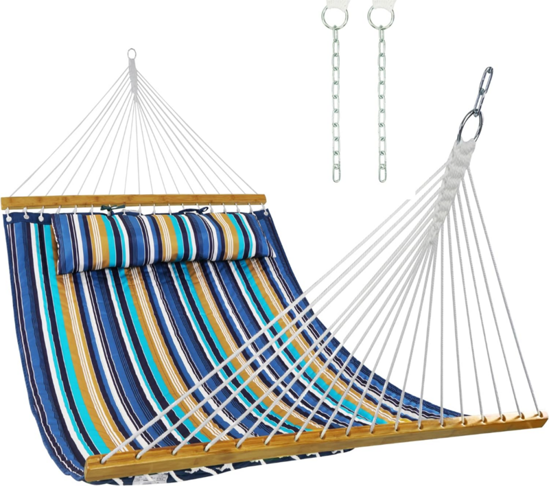 12 FT Quilted Patio Hammock with Pillow, Outdoor 2 Person Hammock Double Size Hammock with Chains