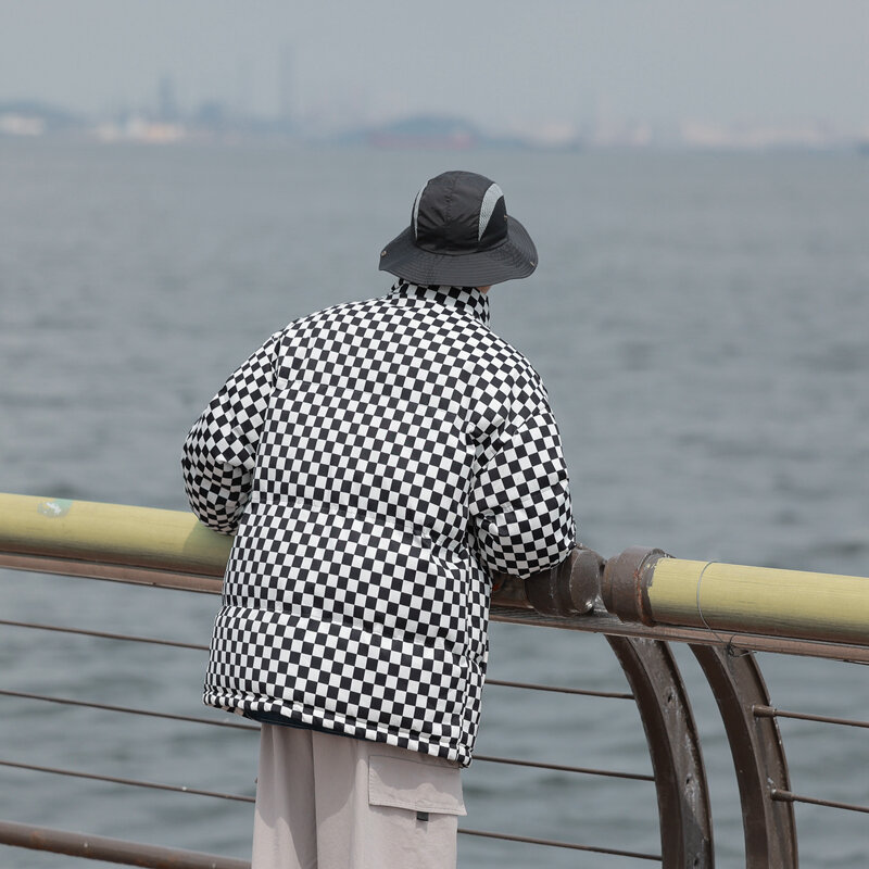 Zima Streetwear Oversize Plaid warstwa bąbelkowa styl japoński nowy Retro parki z kontrastowym ciepły flanela kurtka pikowana mąż mężczyzn