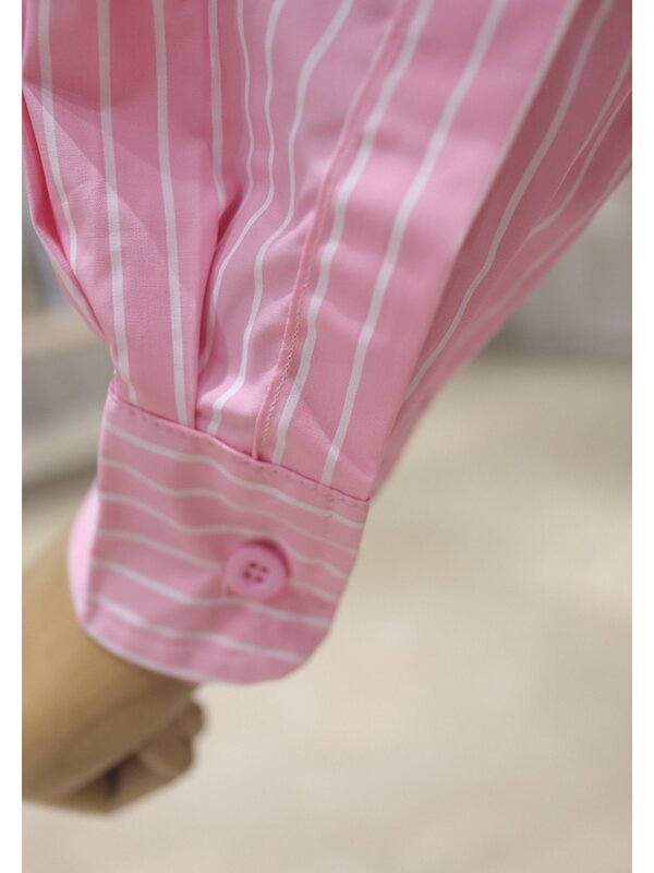 Potdemiel-Blusa holgada de algodón para mujer, camisa de manga larga con estampado de dibujos animados a rayas, longitud media, 2024