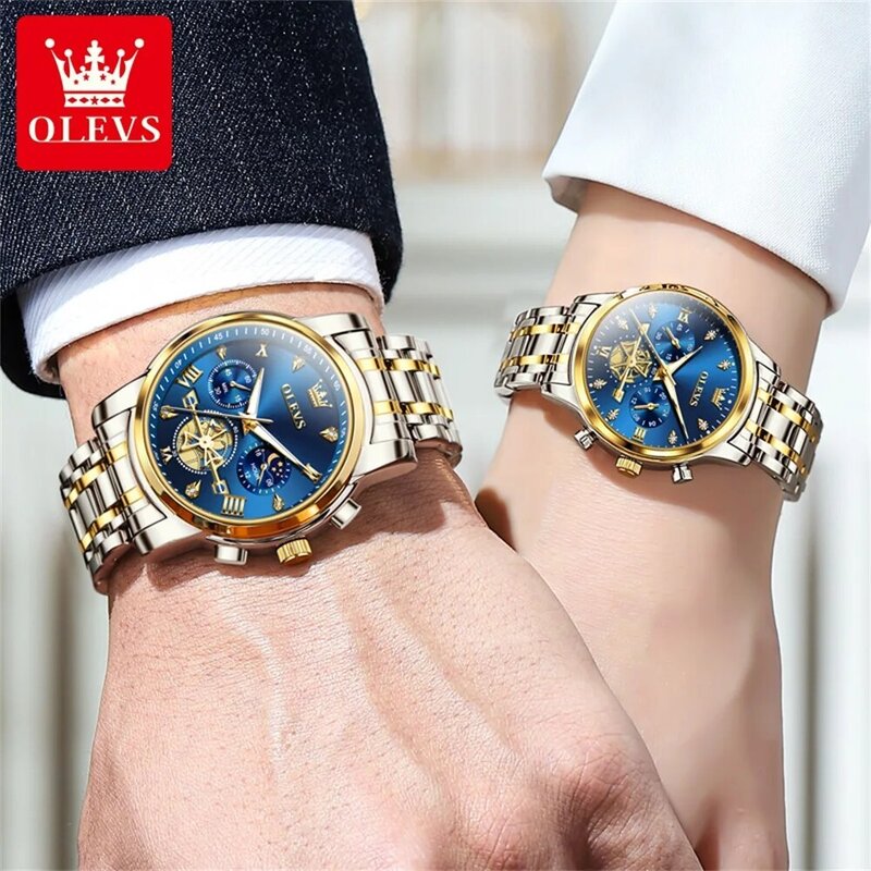 OLEVS 브랜드 럭셔리 크로노그래프 쿼츠 시계 커플, 스테인레스 스틸 방수 야광 패션 커플 시계, 남녀공용, 신제품