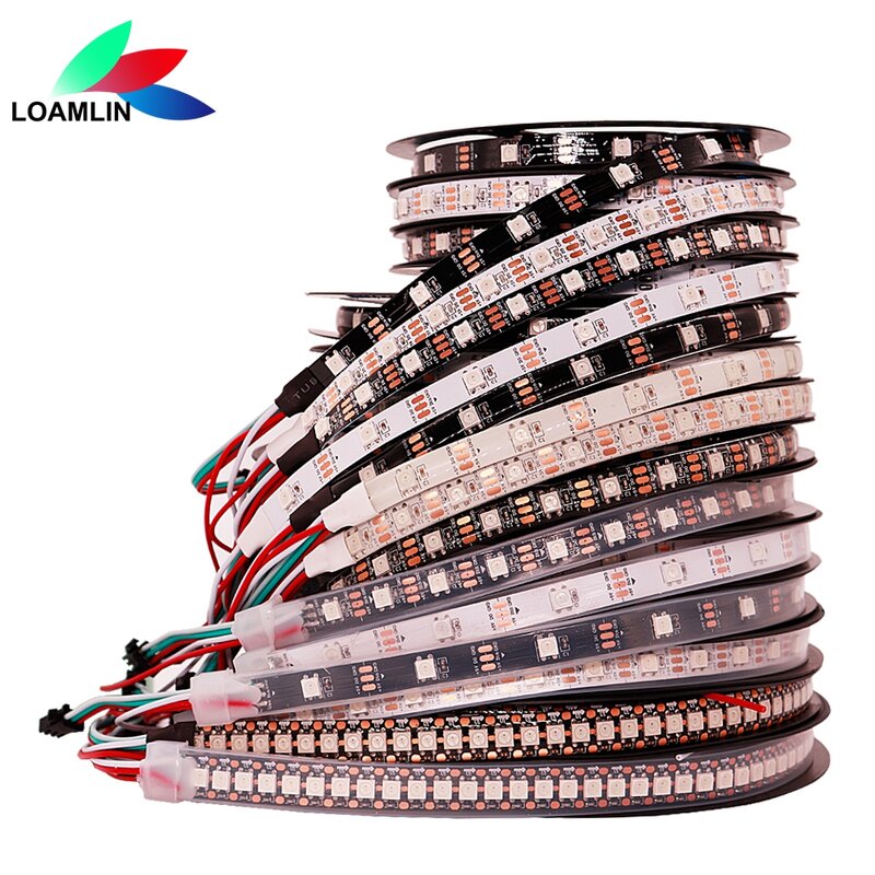 WS2812B Tira de Luces LED, Iluminación Inteligente RGB, Direccionable Individualmente, 30, 60 y 144 Bombillas, PCB de Color Negro o Blanco, Resistente al Agua, IP30, 65, 67, DC5 V