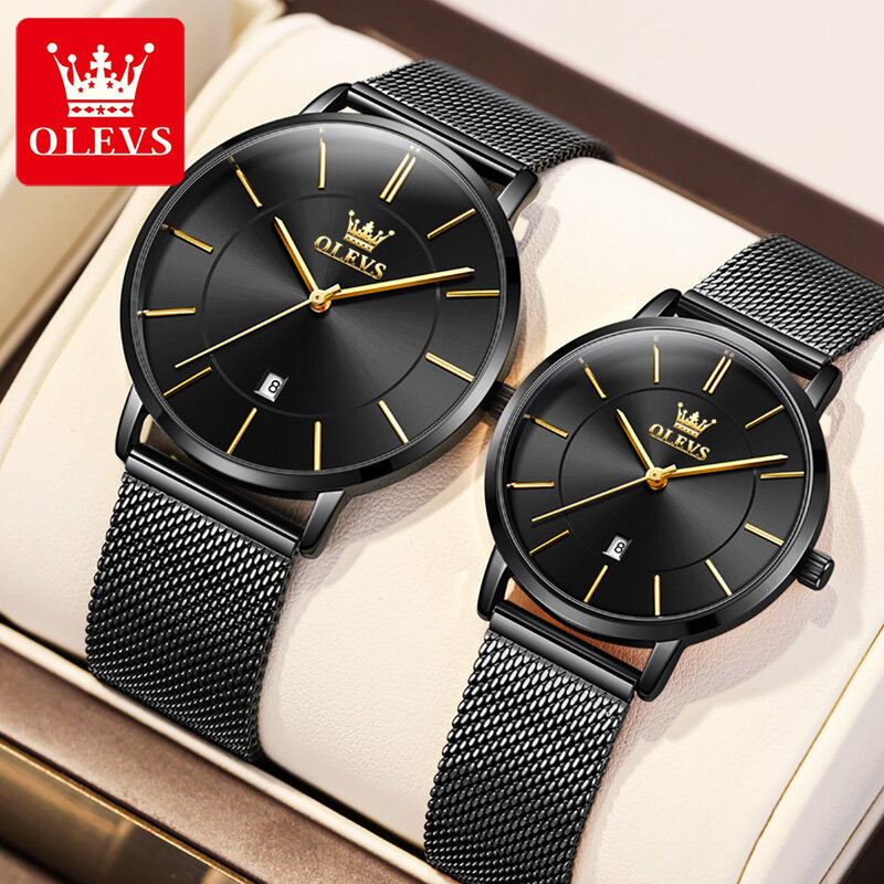 OLEVS jam tangan pasangan, jam tangan Fashion arloji Quartz Ultra tipis panggilan, tahan air, sabuk jala Stainless Steel untuk pria