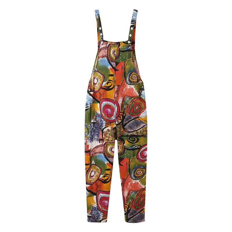 ผู้หญิงวินเทจ Vintage Boho Jumpsuits Sablon Bunga กางเกงเอี๊ยมกับพ็อกเก็ตสง่างามแบบลำลองกว้างขา Playsuit ฤดูร้อนแฟชั่น Romper
