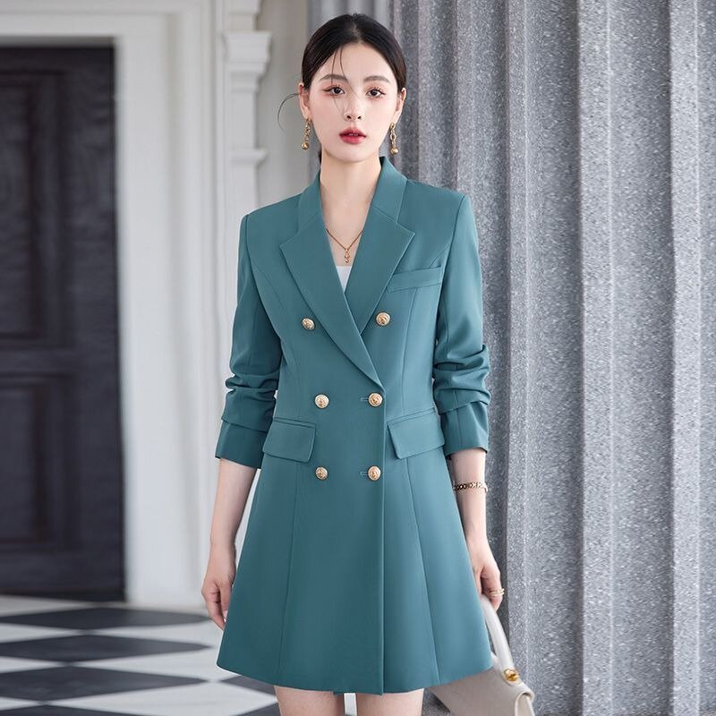 Jaket jas wanita 2024 baru pakaian luar mantel Trench Fit ramping temperamen panjang menengah modis kasual warna Solid kancing dua baris