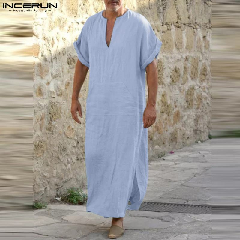 Swobodna muzułmańska męska szata INCERUN prosta solidna, dopasowana, mała bluza z dekoltem w szpic, wygodna szata z do noszenia jako długie lub krótkie rękawem S-5XL 2023