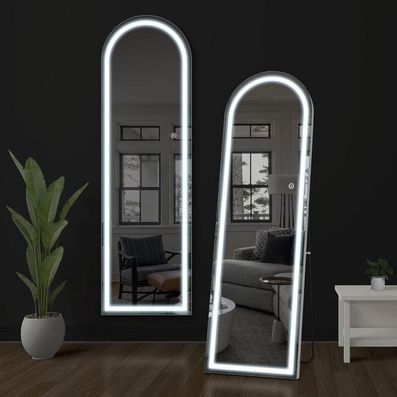 바닥 거울 전체 길이 아치형 거울, LED 조명, 벽 장착 거울, 거실 실버, 63x20 인치
