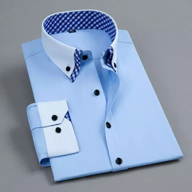 رجل فستان بكم طويل قميص غير الحديد طبقة مزدوجة الأعمال الرسمي منتظم صالح مكتب Camisa موضة الأبيض الأزرق الاجتماعية القمصان