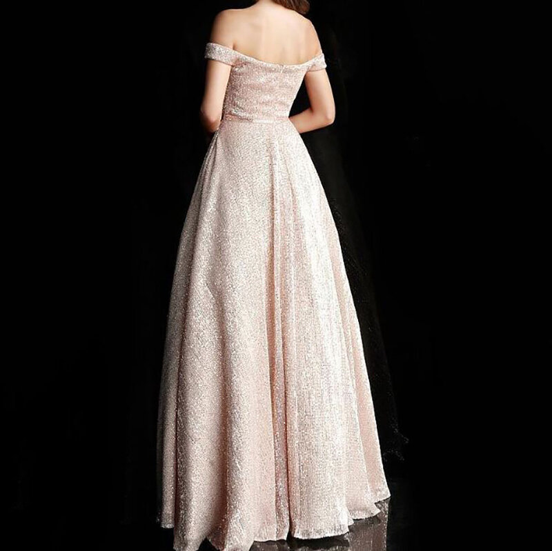 A-Line Tulle Off Shoulder Sleeveless Sequined Beading Side Pockets Open Back Floor Length Prom Gown Dress Robe de Bal